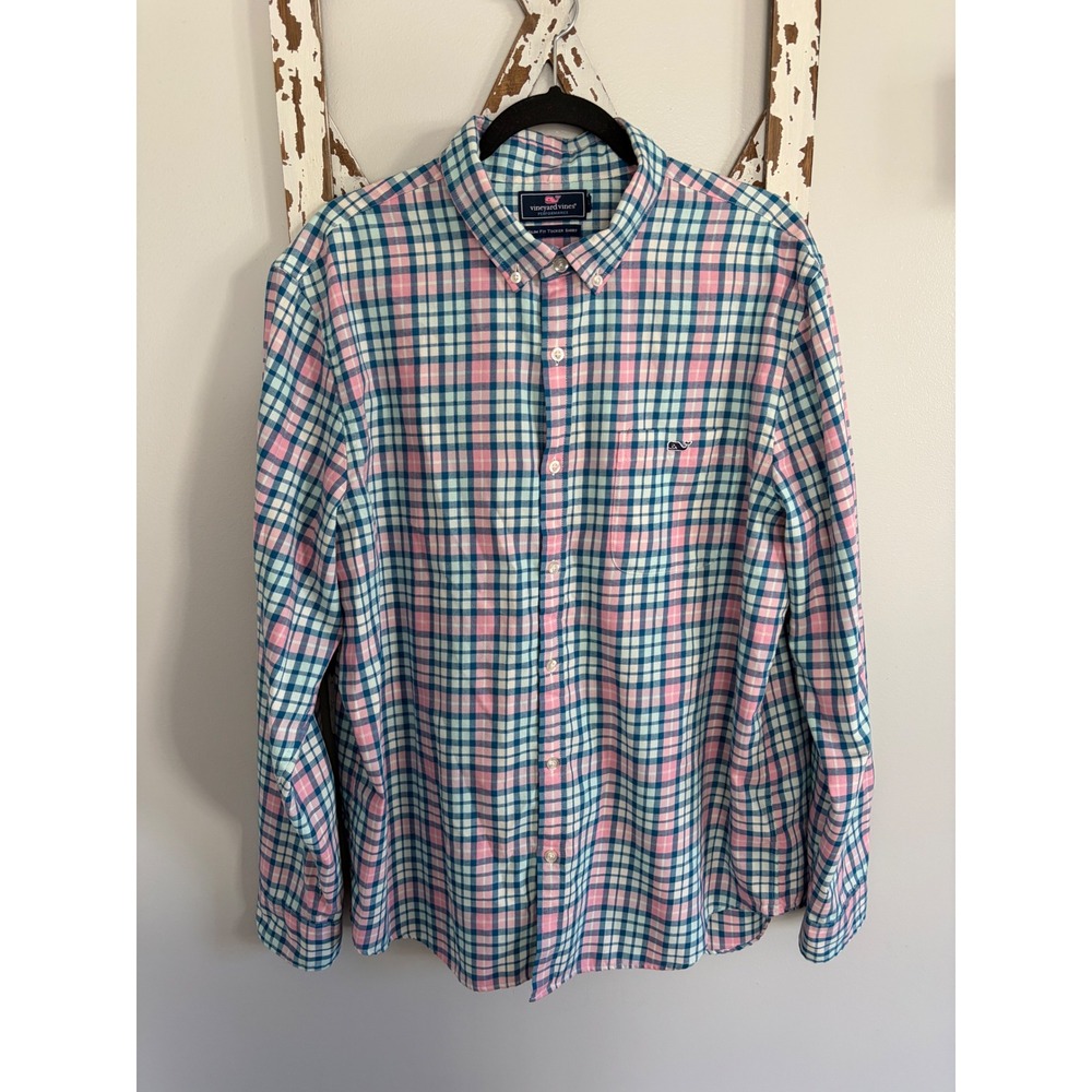Vineyard Vines Mens Slim Fit Tucker Shirt Flannel Button Up Sz XL Blue Pink‎